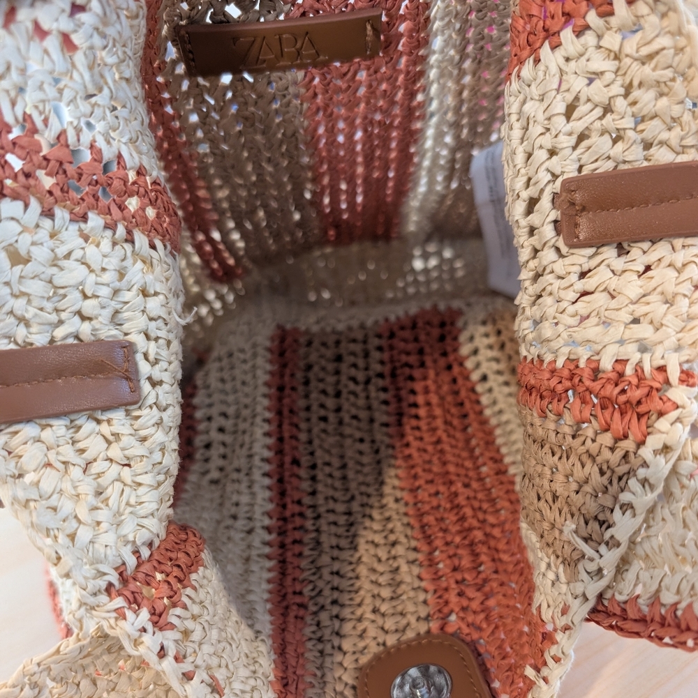 ZARA Woven Straw Shoulder Bag Tan Orange - Picture 9 of 9